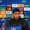 Barcelona's Raphinha during a press conference at Stamford Bridge 