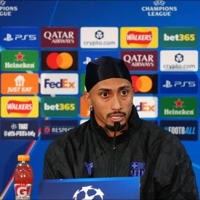 Barcelona's Raphinha during a press conference at Stamford Bridge 