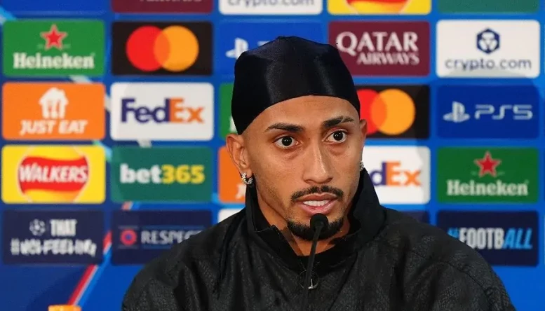 Barcelona's Raphinha during a press conference at Stamford Bridge 