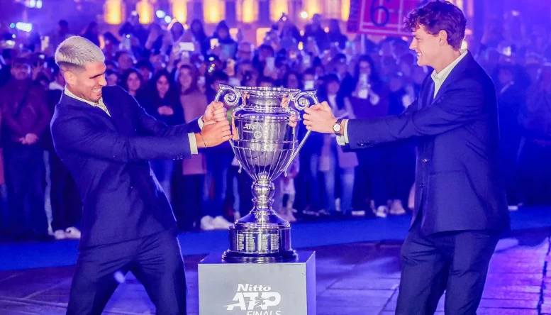 Carlos Alcaraz and Jannik Sinner with ATP Finals trophy