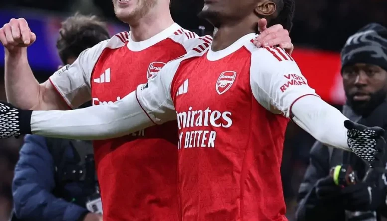 Eberechi Eze of Arsenal celebrates after he scores 