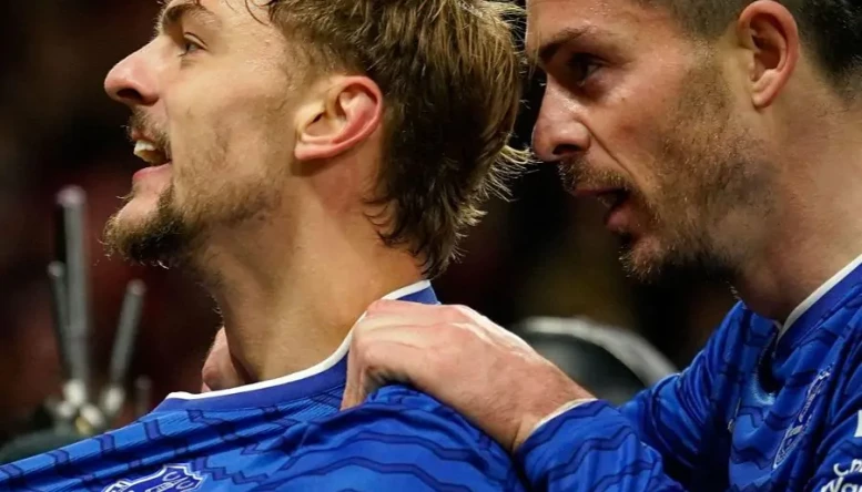 Everton's Kiernan Dewsbury-Hall celebrates with Jack Grealish after scoring