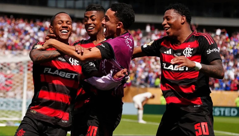 Flamengo's Wallace Yan, left, celebrates after scoring against Chelsea