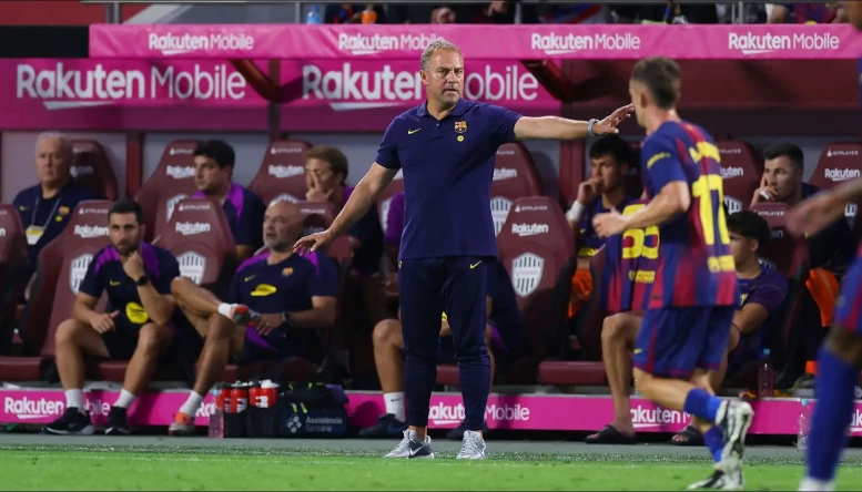 Hansi Flick the Barcelona coach in action