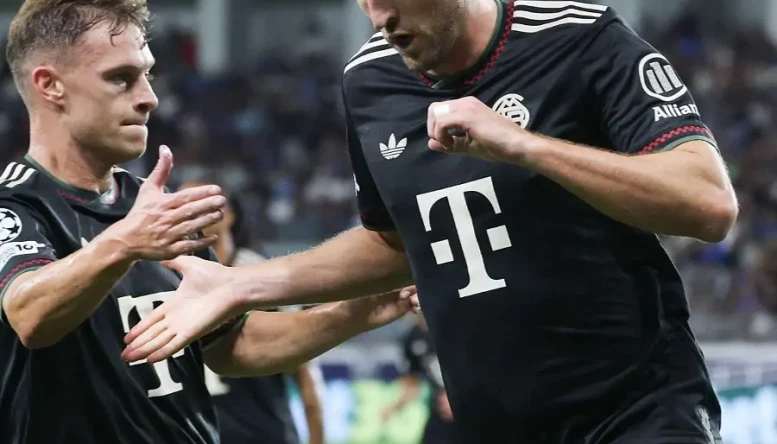 Harry Kane celebrates scoring for Bayern Munich