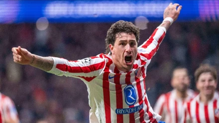 Jose Maria Gimenez of Atletico Madrid celebrates scoring 