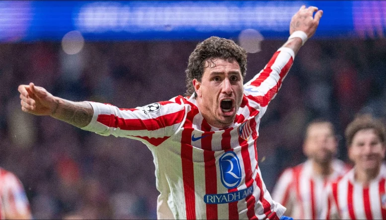Jose Maria Gimenez of Atletico Madrid celebrates scoring 