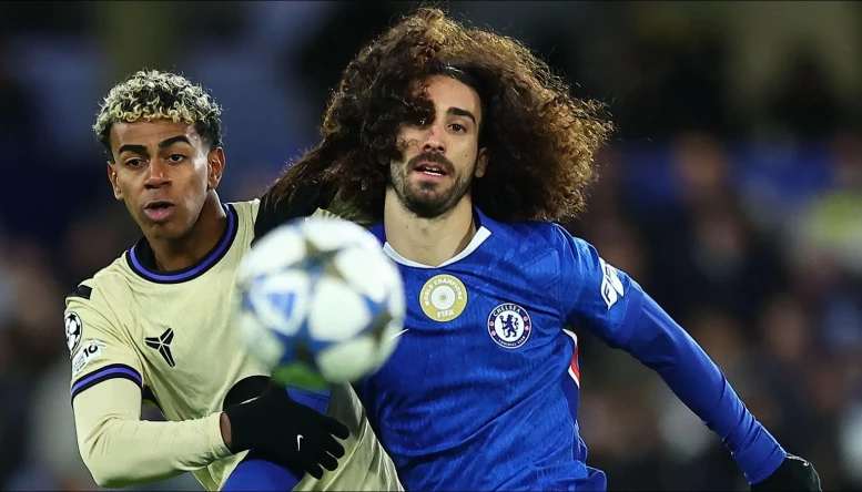 Marc Cucurella of Chelsea and Lamine Yamal of Barcelona 