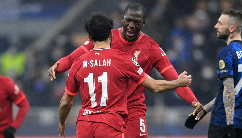 Mohamed Salah and Ibrahima Konate of Liverpool