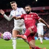 Mohamed Salah battle with Lucas DIgne 01 November, 2025 (alamy)
