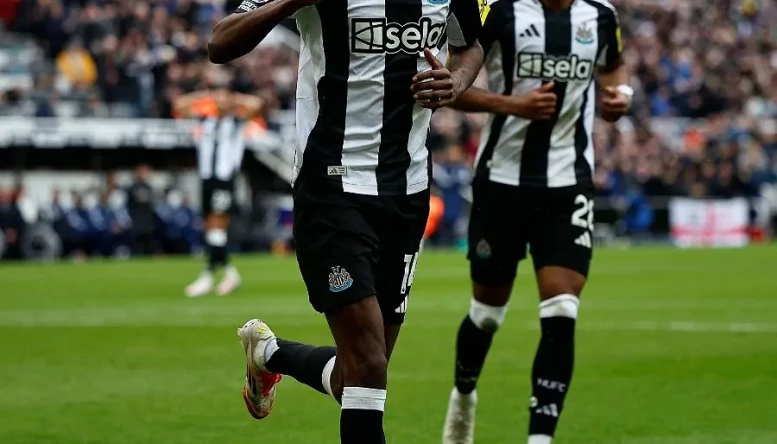 Newcastle United striker Alexander Isak celebrates scoring his second goal