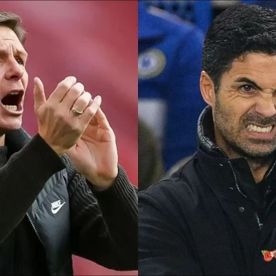 Oliver Glasner of Crystal Palace and Arsenal's Mikel Arteta 