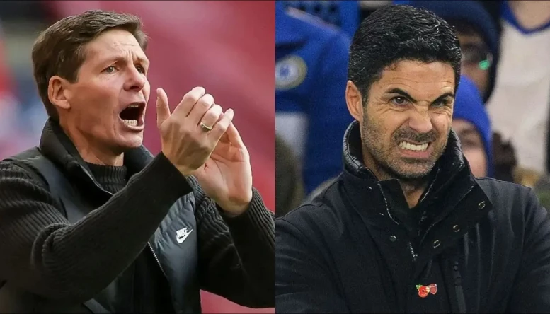 Oliver Glasner of Crystal Palace and Arsenal's Mikel Arteta