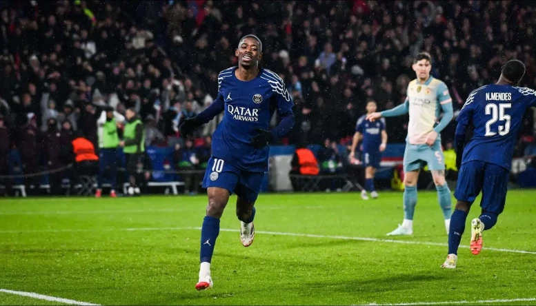 Paris Saint-Germain's forward Ousmane Dembele celebrates scoring