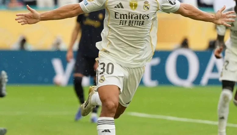 Real Madrid's Gonzalo Garcia celebrates after scoring