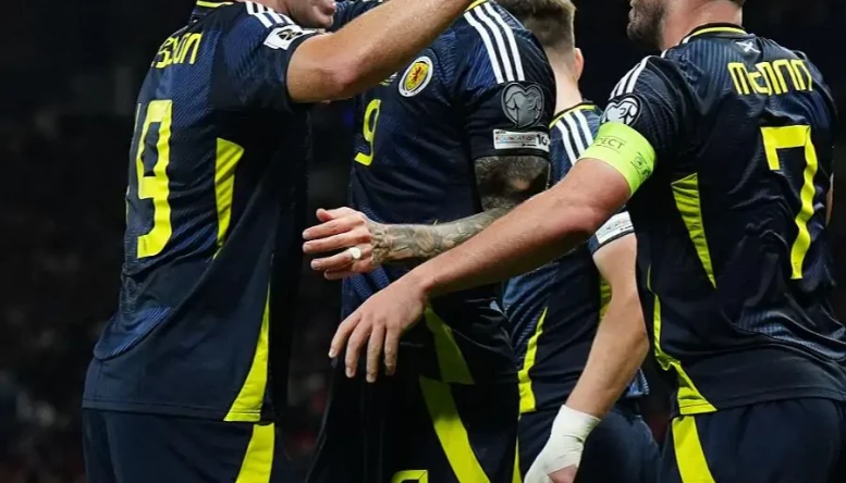 Scotland's Lyndon Dykes celebrates scoring his side's third goal