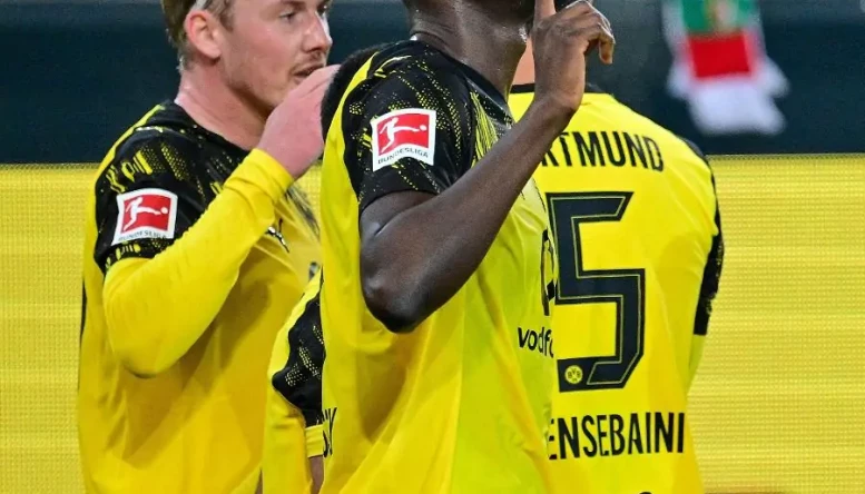 Serhou Guirassy celebrates scoring for Borussia Dortmund