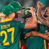 South Africa's Nadine de Klerk celebrates with teammates after defeating India 