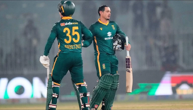 South Africa's Quinton de Kock and Mathew Breetzke congratulate each other 