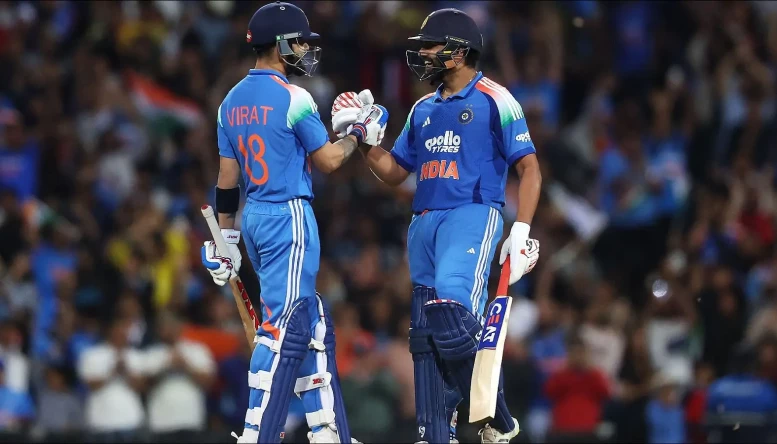 Virat Kohli of India and Rohit Sharma of India celebrate victory