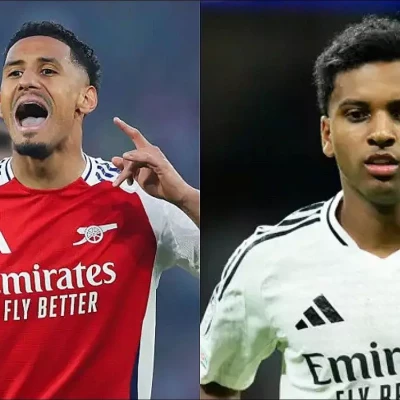Arsenal defender William Saliba and Real Madrid's Rodrygo
