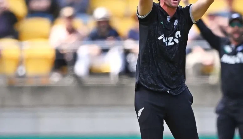 Zak Foulkes of New Zealand appeals for the wicket of Joe Root